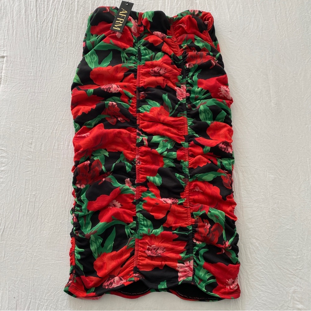 AFRM Ruched Mesh Tube Midi Floral Print Strapless Red Green Black Dress size M